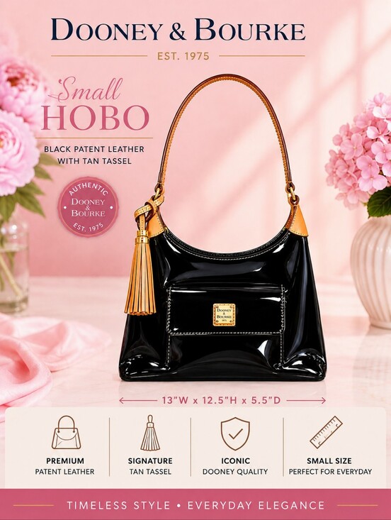 Dooney & Bourke Handbags - Dooney & Bourke Black Patent Leather Small Hobo with Tan Tassel